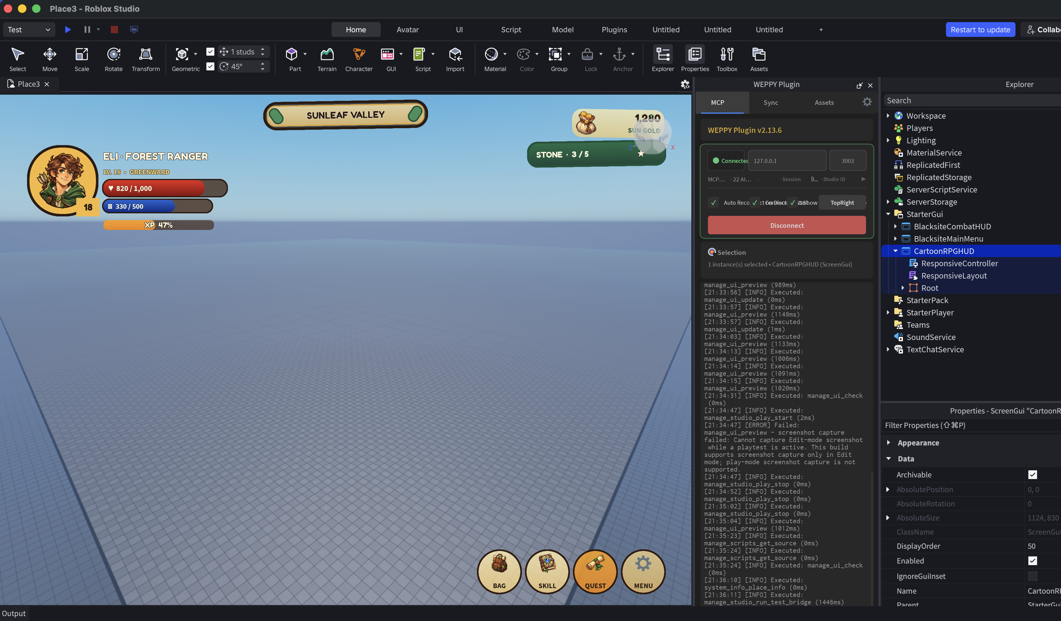 A cartoon RPG HUD using a character portrait, currency art, menu icons, and player status elements