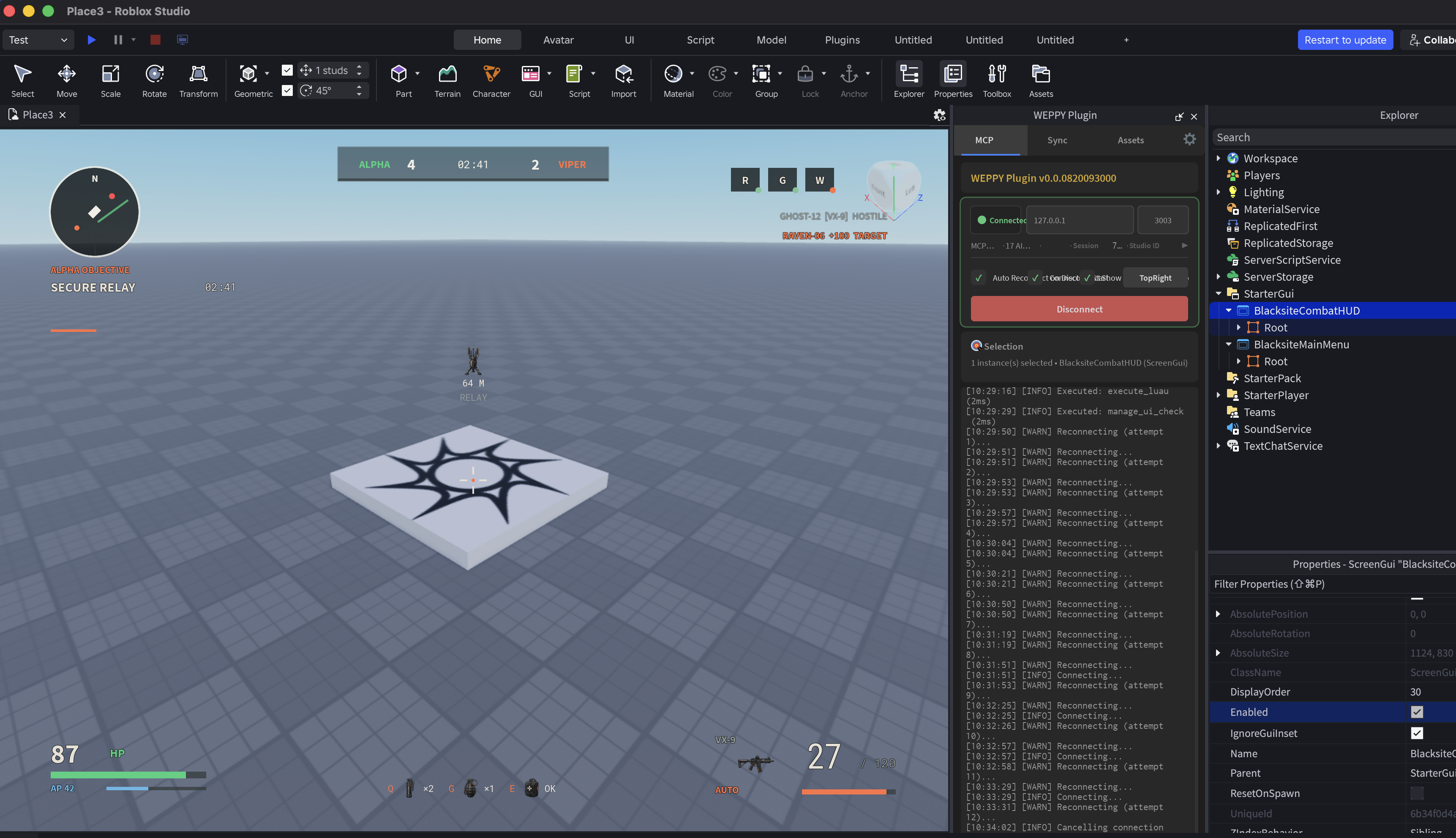 A tactical game HUD with a minimap, objective, team score, health, equipment, and ammunition