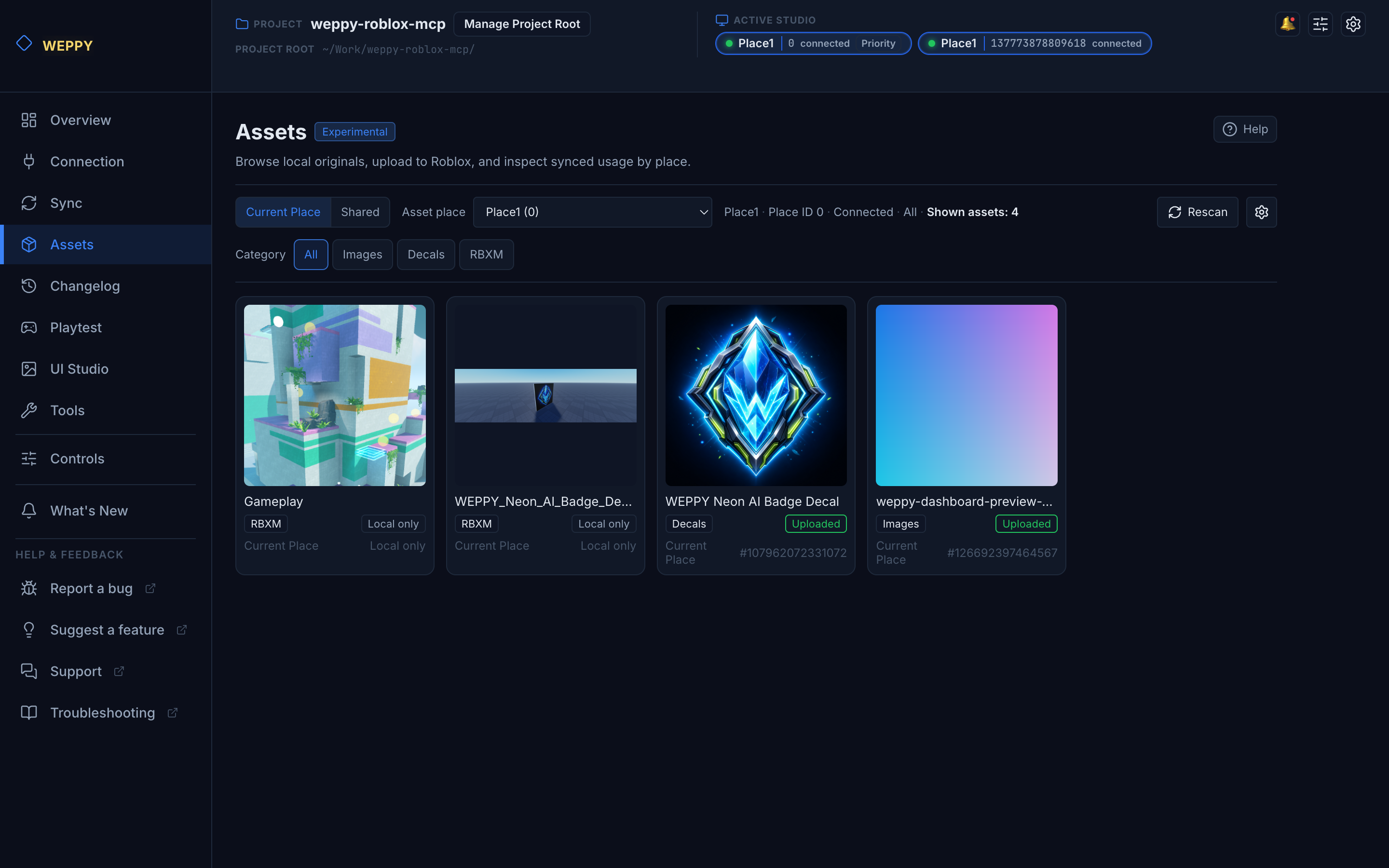 WEPPY Dashboard Assets page with local assets and Roblox upload status.