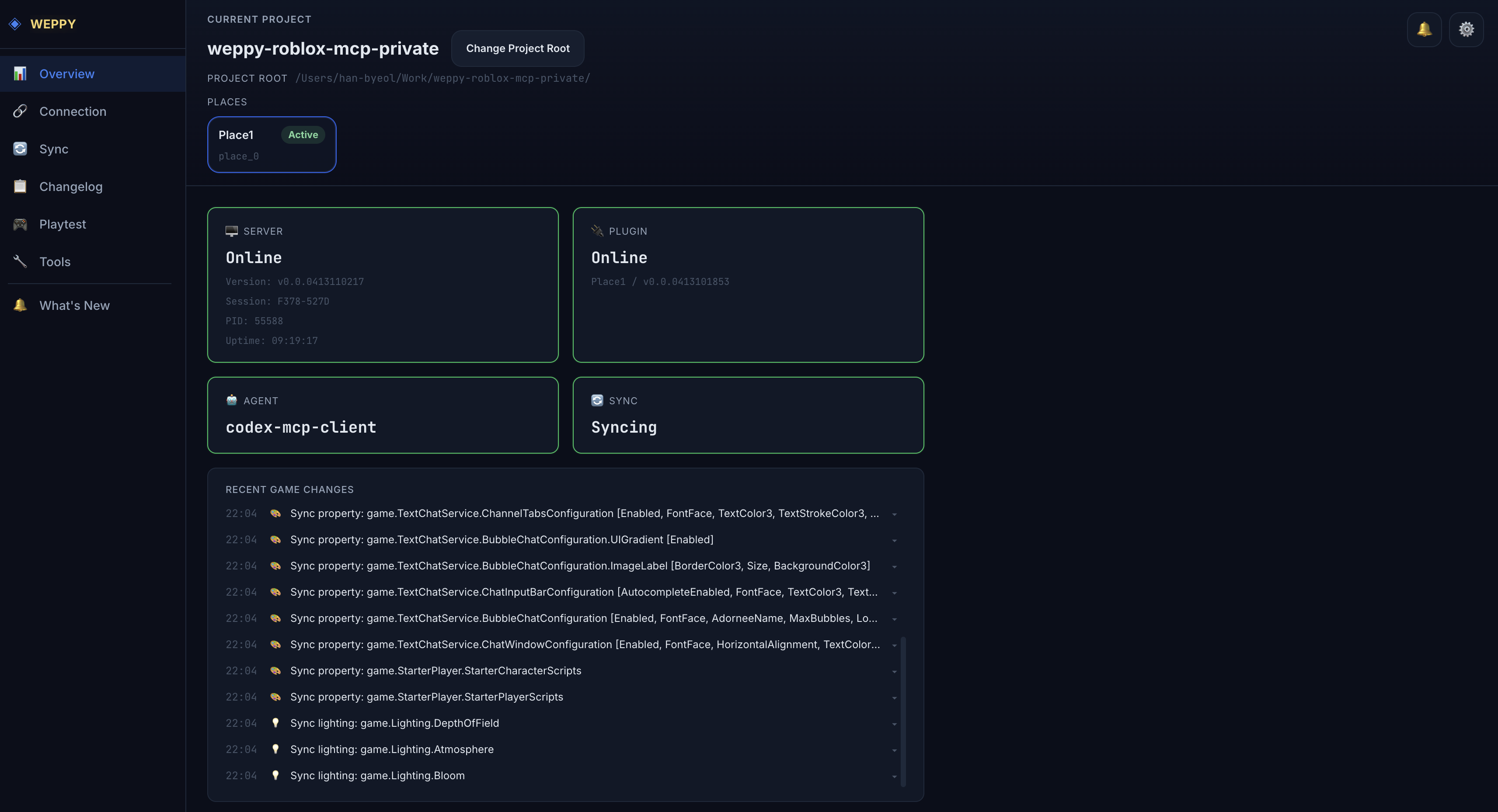 Dashboard Übersicht — Serverstatus, kürzliche Änderungen, Sessionzusammenfassung