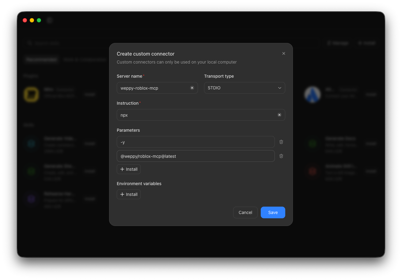 Dola WEPPY STDIO Custom Connector settings