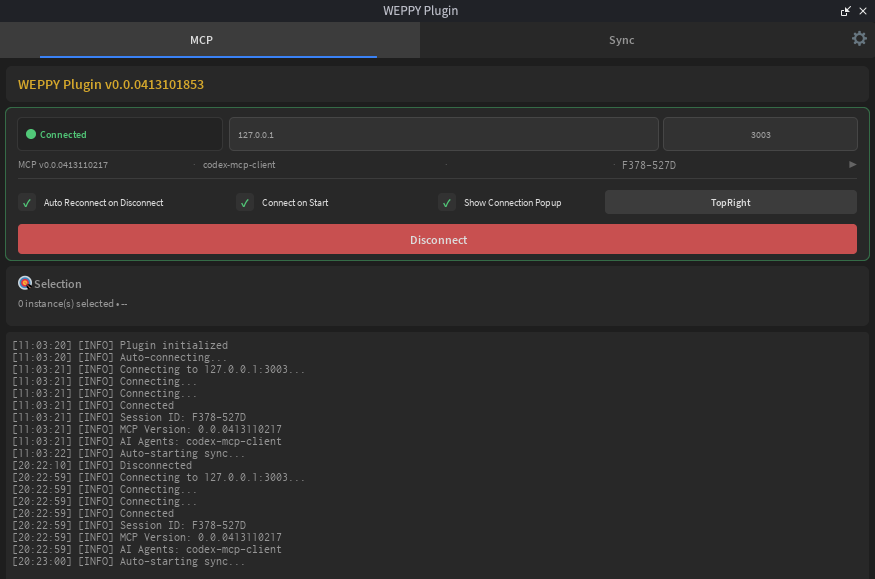 WEPPY Plugin-Hauptbildschirm — Connect-Schaltfläche und Verbindungsstatus