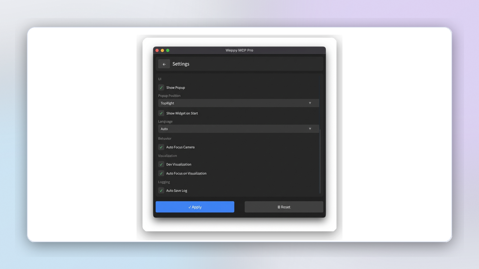 Plugin-Einstellungsbildschirm — Auto Connect, Auto Reconnect und Sprachoptionen