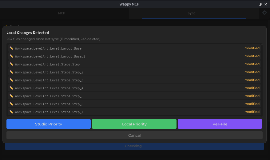 Lokale Änderungen erkannt — Konfliktlösungsoptionen (Studio Priority / Local Priority / Per-File)