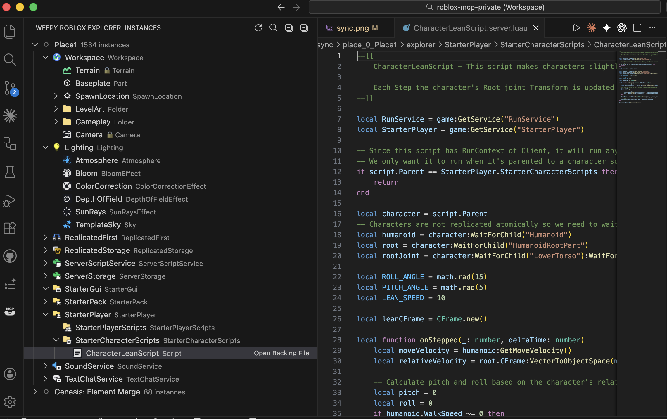 WEPPY Roblox Explorer — Studio-Instanzbaum in der VSCode-Seitenleiste angezeigt