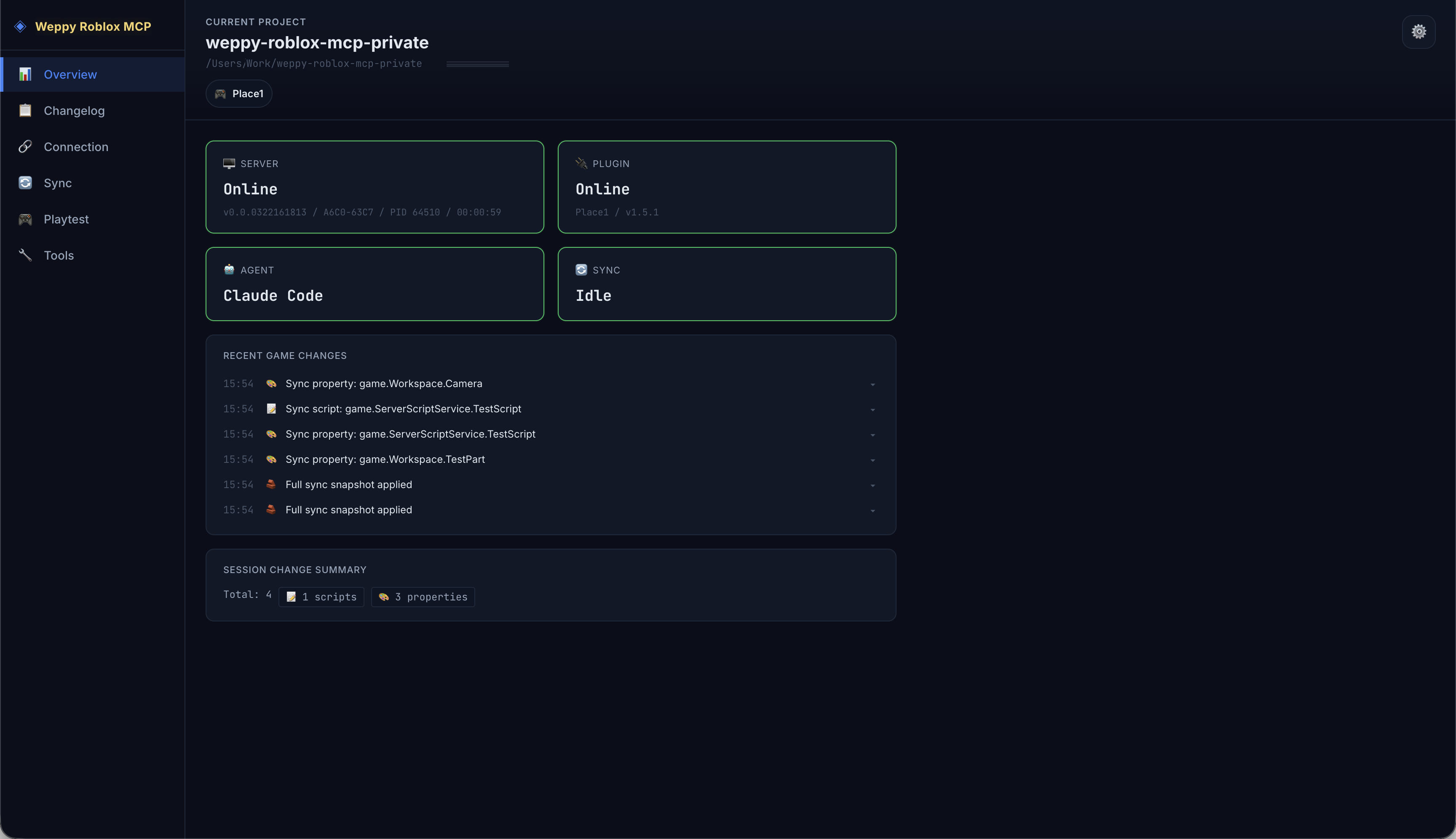 MCP Dashboard overview showing connection status, recent changes, and activity panels.
